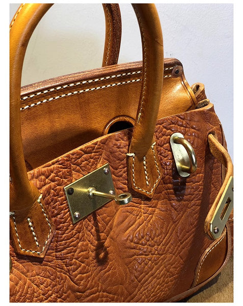 DEEPKEE original nubuck handmade full-grain genuine leather cowhide bag Shrunk Grain Cowhide Replic Faux Birkin 25 Bag #EOL-4494