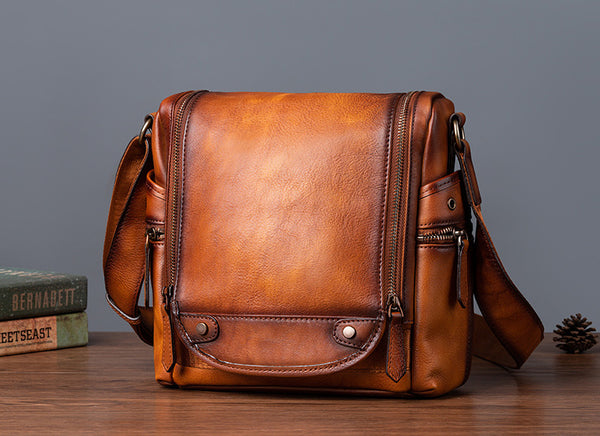 DEEPKEE original nubuck handmade full-grain genuine leather cowhide bag Square Roomy Messenger Bag #13522