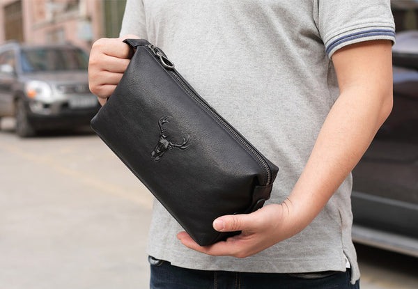 DEEPKEE original nubuck handmade full-grain genuine leather cowhide bag Cool Brown Black Coffee Leather Clutch Bag Purse Business Handbag #8185