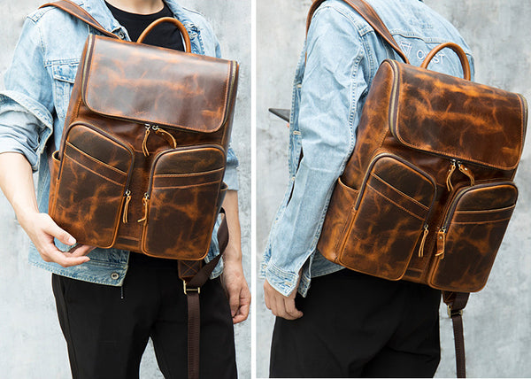 DEEPKEE original nubuck handmade full-grain genuine leather cowhide bag Octavius Outdoor Multifunctional Backpack No.7422