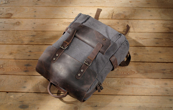 DEEPKEE original nubuck handmade full-grain genuine leather cowhide bag Vintage Waxed Canvas Backpack, Waterproof Rucksack # 8064K_1