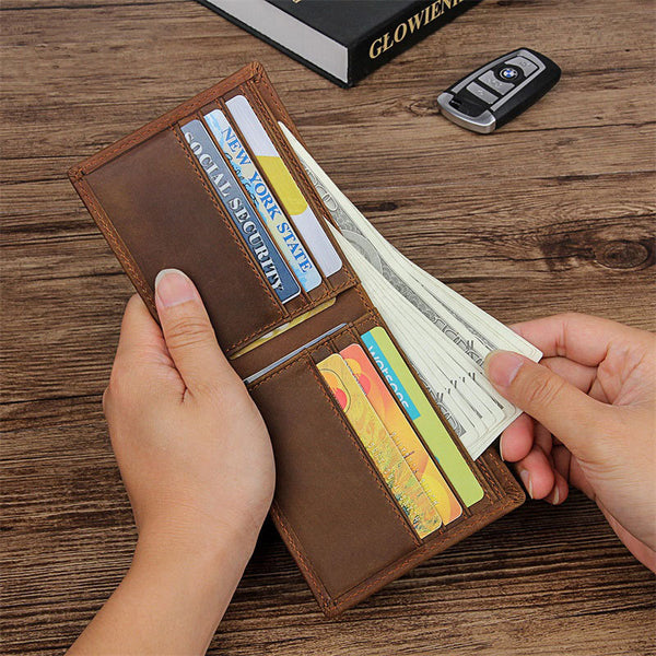 DEEPKEE original nubuck handmade full-grain genuine leather cowhide bag Best Brown Bifold Leather Mens Wallet Slim Wallet Driver's License Wallet for Men 8029