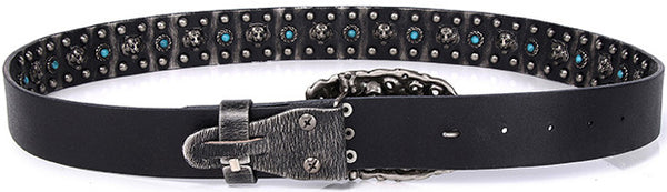 DEEPKEE original nubuck handmade full-grain genuine leather cowhide bag Heavy Industry Trend Rivets Punk Inlaid Imitation Tturquoise Cowhide Belt #191207