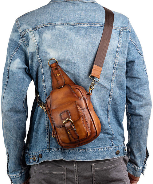 DEEPKEE original nubuck handmade full-grain genuine leather cowhide bag Leather Sling Bag Crossbody Sling Pack Black Small Shoulder Bag Side Bag For Men #WX8683