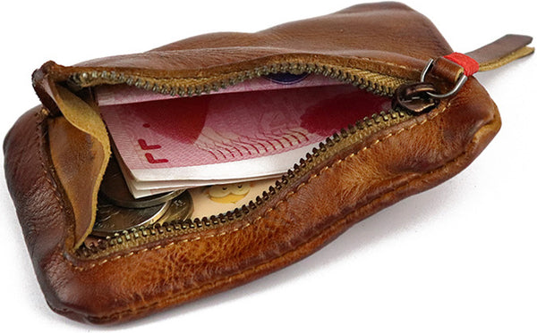 DEEPKEE original nubuck handmade full-grain genuine leather cowhide bag Vintage Slim Tan Leather Coin Wallet Zipper Coin Holder #SG121