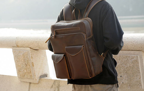 DEEPKEE original nubuck handmade full-grain genuine leather cowhide bag DEEPKEE Handcrafted Leather Commuter Cowhide Backpack #P3594BSD