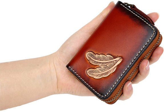 DEEPKEE original nubuck handmade full-grain genuine leather cowhide bag Deepkee Leather Feather Totem Card Holder/Wallet #0926