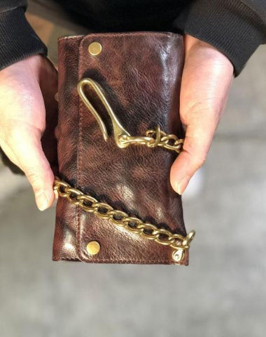 HANDMADE LEATHER BIKER WALLET TRIFOLD FOLDING MENS COOL CHAIN WALLET TRUCKER WALLET WITH CHAIN
