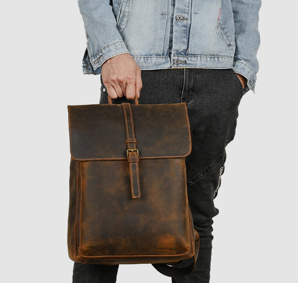 DEEPKEE original nubuck handmade full-grain genuine leather cowhide bag Travel Rucksack School Backpack No1811