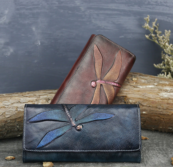 DEEPKEE original nubuck handmade full-grain genuine leather cowhide bag Deepkee Leather Carving Dragonflies Wallet #9630