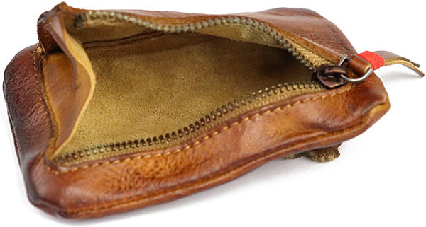 DEEPKEE original nubuck handmade full-grain genuine leather cowhide bag Vintage Slim Tan Leather Coin Wallet Zipper Coin Holder #SG121