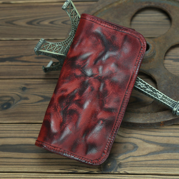 DEEPKEE original nubuck handmade full-grain genuine leather cowhide bag Handmade Leather Mens Long Chain Wallet Bifold Biker Wallet Zipper Clutch Wallet for Men #SG012