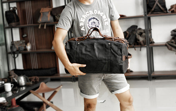 DEEPKEE original nubuck handmade full-grain genuine leather cowhide bag American military style distressed thick waxed canvas with solid craftsmanship Duffle bag #9518