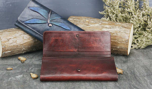 DEEPKEE original nubuck handmade full-grain genuine leather cowhide bag Deepkee Leather Carving Dragonflies Wallet #9630
