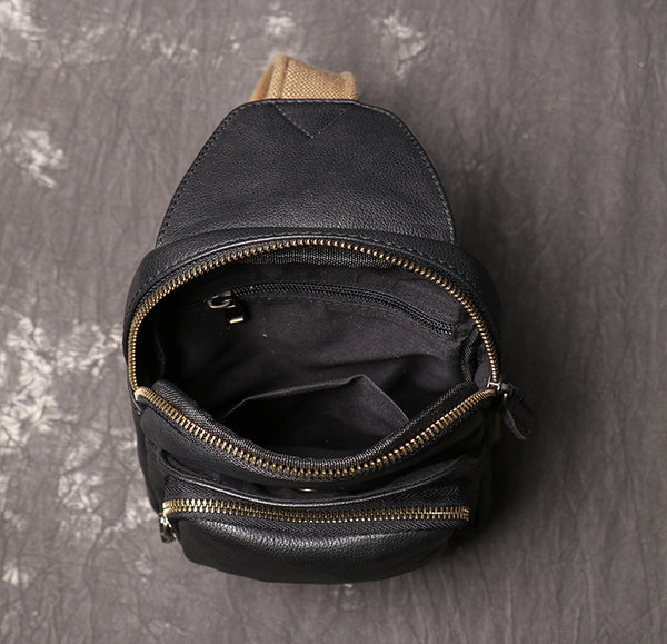 DEEPKEE original nubuck handmade full-grain genuine leather cowhide bag Men's Leather Casual Sling Bag with Canvas Strap No.4011