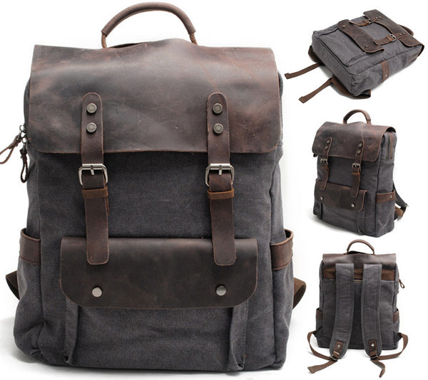 DEEPKEE original nubuck handmade full-grain genuine leather cowhide bag Vintage Waxed Canvas Backpack, Waterproof Rucksack # 8064K_1