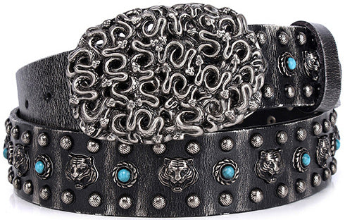 DEEPKEE original nubuck handmade full-grain genuine leather cowhide bag Heavy Industry Trend Rivets Punk Inlaid Imitation Tturquoise Cowhide Belt #191207