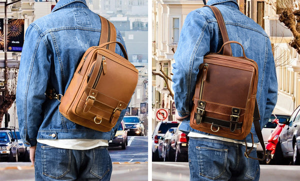 DEEPKEE original nubuck handmade full-grain genuine leather cowhide bag Alfred Leather Satchel Backpack No.1038