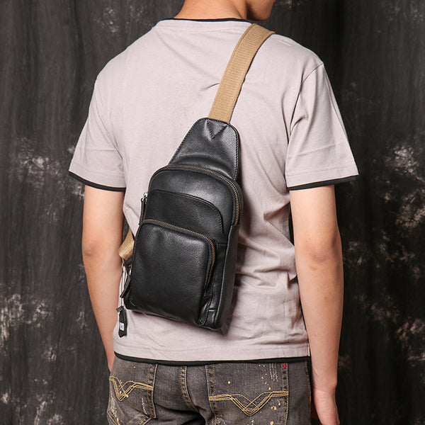 DEEPKEE original nubuck handmade full-grain genuine leather cowhide bag Men's Leather Casual Sling Bag with Canvas Strap No.4011