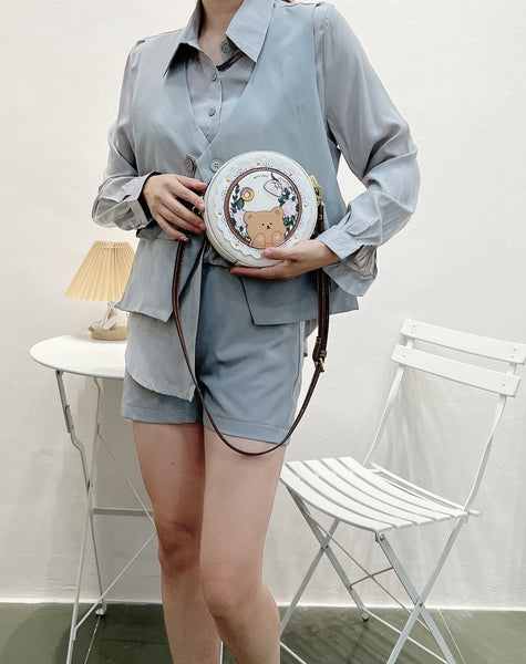 DEEPKEE original nubuck handmade full-grain genuine leather cowhide bag DEEPKEE HANDMADE LEATHER Miss Gail Luxury OOTD Round Crossbody Bag #G1144