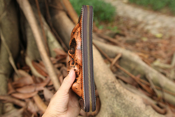 DEEPKEE original nubuck handmade full-grain genuine leather cowhide bag Handmade Leather Skull Death Tooled Long Wallet #5248