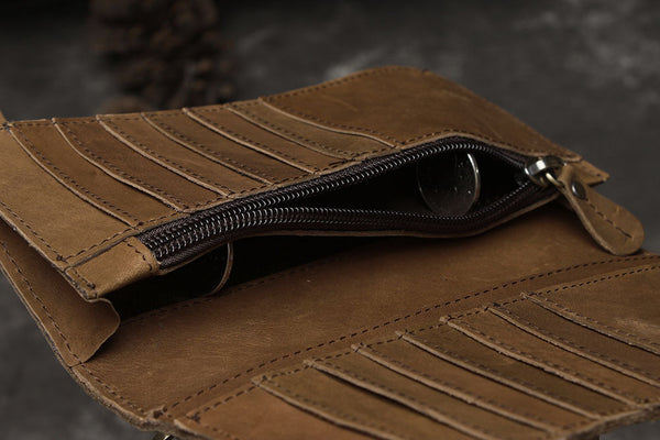 DEEPKEE original nubuck handmade full-grain genuine leather cowhide bag Deepkee Genuine Leather Bifold Wallet Organizer Checkbook Iron Chain #LD052