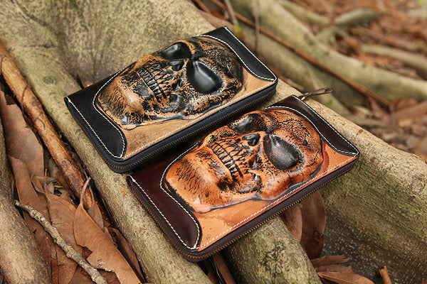 DEEPKEE original nubuck handmade full-grain genuine leather cowhide bag Handmade Leather Skull Death Tooled Long Wallet #5248