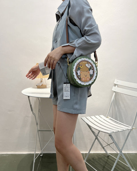 DEEPKEE original nubuck handmade full-grain genuine leather cowhide bag DEEPKEE HANDMADE LEATHER Miss Gail Luxury OOTD Round Crossbody Bag #G1144