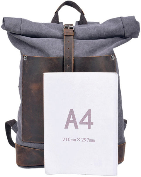 DEEPKEE original nubuck handmade full-grain genuine leather cowhide bag Deepkee®handmade Canvas&leather Roll Top Expansion Backpack No.5118