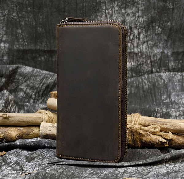 DEEPKEE original nubuck handmade full-grain genuine leather cowhide bag Leather Round Zip Wallet Long Wallet Clutch #8871