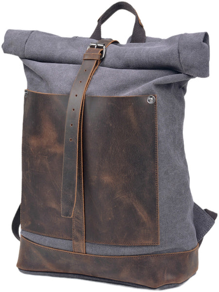 DEEPKEE original nubuck handmade full-grain genuine leather cowhide bag Deepkee®handmade Canvas&leather Roll Top Expansion Backpack No.5118