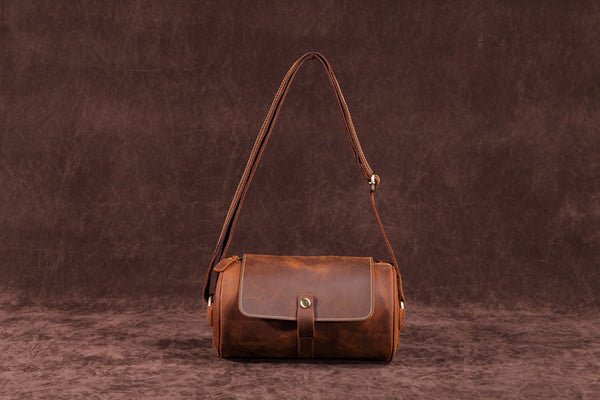 DEEPKEE original nubuck handmade full-grain genuine leather cowhide bag Vintage Leather Cylindricity Crossbody Bags No.SF061