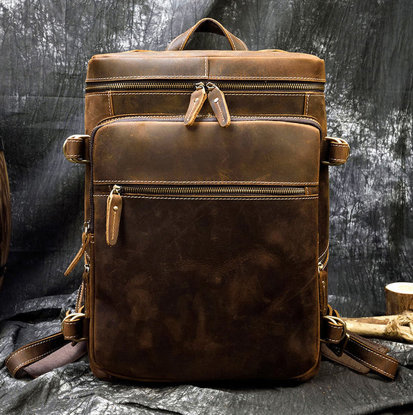 DEEPKEE original nubuck handmade full-grain genuine leather cowhide bag Jacob Offset Cylinder Travel Backpack No8027