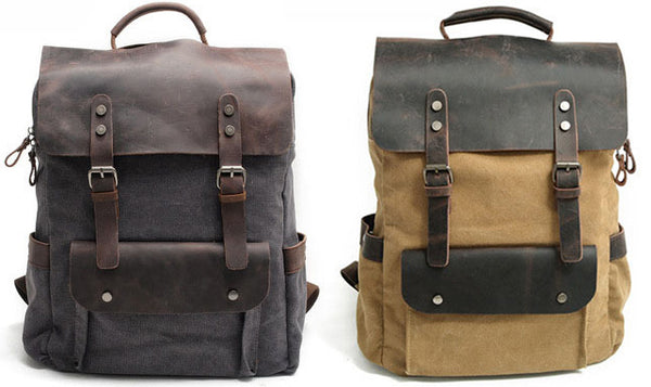 DEEPKEE original nubuck handmade full-grain genuine leather cowhide bag Vintage Waxed Canvas Backpack, Waterproof Rucksack # 8064K_1