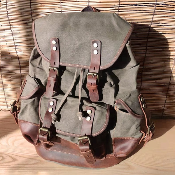 DEEPKEE original nubuck handmade full-grain genuine leather cowhide bag Canvas Spliced Leather Mountaineering Backapck #9508