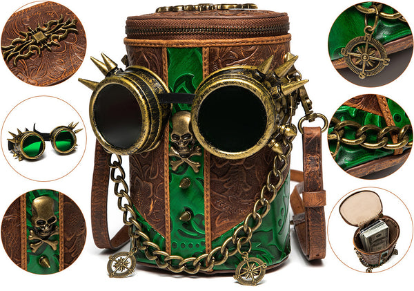 DEEPKEE original nubuck handmade full-grain genuine leather cowhide bag Deepkee Exquisite Goggles Skull Cowhide Bucket Bag #G199B