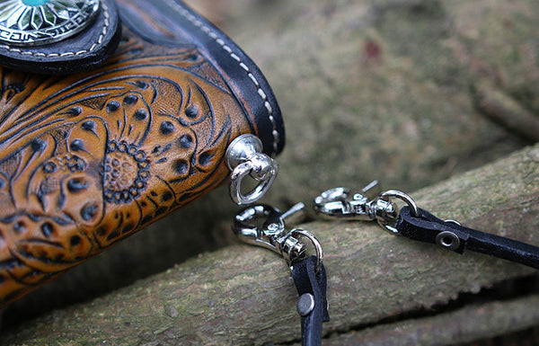 DEEPKEE original nubuck handmade full-grain genuine leather cowhide bag Deepkee Handmade Tooled Leather Floral Biker Wallet Chain 81665