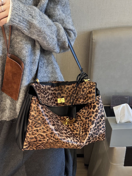 DEEPKEE original nubuck handmade full-grain genuine leather cowhide bag 豹紋 馬毛配牛皮 怠惰托特包 MN082702號