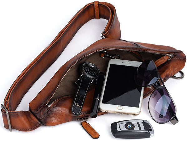 DEEPKEE original nubuck handmade full-grain genuine leather cowhide bag Leather Streamline Sling Bag #12045