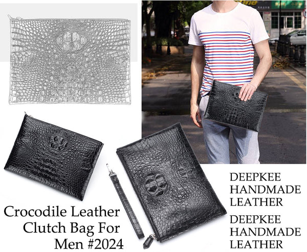 DEEPKEE original nubuck handmade full-grain genuine leather cowhide bag Crocodile Leather Clutch Bag For Men #2024