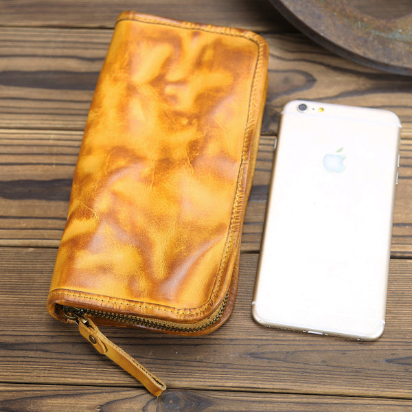 DEEPKEE original nubuck handmade full-grain genuine leather cowhide bag Handmade Leather Mens Long Chain Wallet Bifold Biker Wallet Zipper Clutch Wallet for Men #SG012