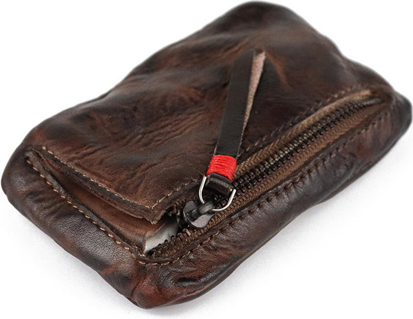 DEEPKEE original nubuck handmade full-grain genuine leather cowhide bag Vintage Slim Tan Leather Coin Wallet Zipper Coin Holder #SG121