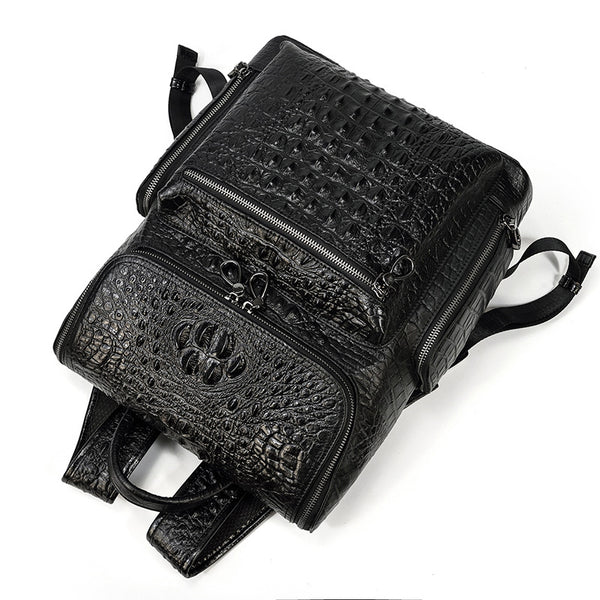 DEEPKEE original nubuck handmade full-grain genuine leather cowhide bag Black Crocodile Pattern Leather Men's 14 inches Travel College Backpack For Men #6070
