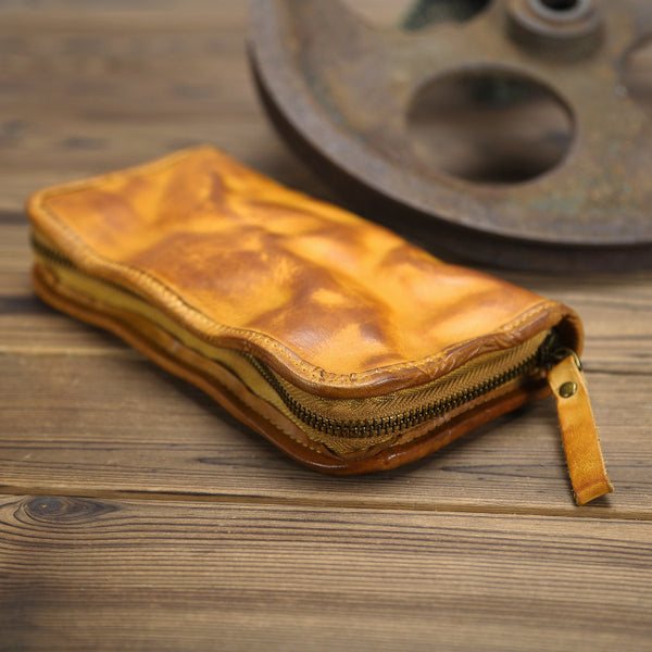 DEEPKEE original nubuck handmade full-grain genuine leather cowhide bag Handmade Leather Mens Long Chain Wallet Bifold Biker Wallet Zipper Clutch Wallet for Men #SG012