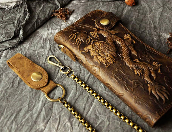 DEEPKEE original nubuck handmade full-grain genuine leather cowhide bag Deepkee Genuine Leather Bifold Wallet Organizer Checkbook Iron Chain #LD052