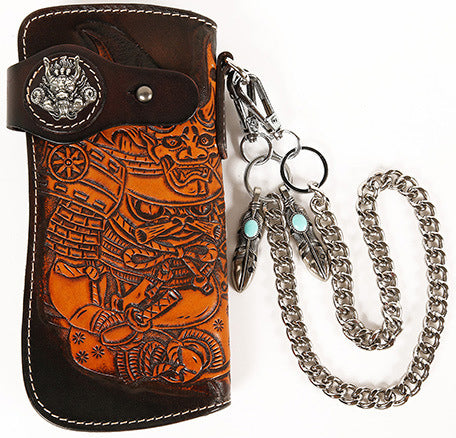 DEEPKEE original nubuck handmade full-grain genuine leather cowhide bag Handmade Black Leather Men's Long Biker Wallet Chain Wallet Long Biker Chain Wallet