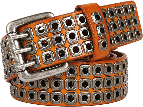 DEEPKEE original nubuck handmade full-grain genuine leather cowhide bag Punk Vapor Eye Hollowed Out Studded Cowhide Belt #210705