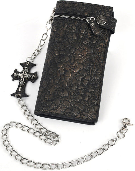 DEEPKEE original nubuck handmade full-grain genuine leather cowhide bag Studded Punk Religious Skull Wallet #579617