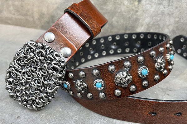 DEEPKEE original nubuck handmade full-grain genuine leather cowhide bag Heavy Industry Trend Rivets Punk Inlaid Imitation Tturquoise Cowhide Belt #191207