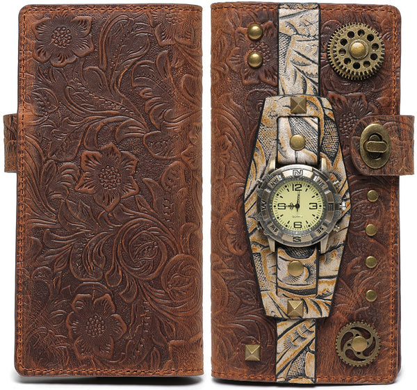 DEEPKEE original nubuck handmade full-grain genuine leather cowhide bag Deepkee Steampunk Women's Long Wallet #ZPBG191BN